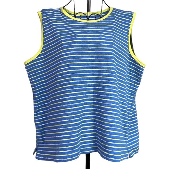 Unknown Tops - Ladies Blue Summer Knit Tank Top White & Yellow Stripes Contrasting Yellow Trim